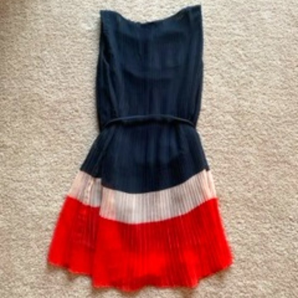 French Connection Navy Blue and Coral Pleated Dress